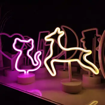 Светодиодная неоновая лампа креативной формы с USB / батарейным питанием, не бросающаяся в глаза Неоновая вывеска в виде кошки, оленя, животного, декор для вечеринки Изображение