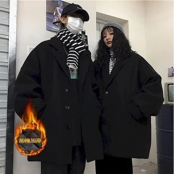 Хлопковое плотное пальто, студенческая одежда для хай-стрит, осень-зима, Корейские свободные Мужские Женские костюмы в стиле харадзюку, Длинные Черные Ретро Шерстяные Изображение