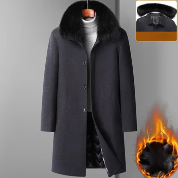 Мужчины среднего возраста, плотное шерстяное пальто, Модный меховой воротник, деловая повседневная красивая куртка, зимнее джентльменское теплое пальто средней длины Изображение