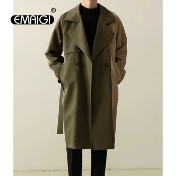 Мужской деловой Повседневный модный Винтажный длинный тренч, корейский тренд уличной одежды, ветровка, кардиган, куртка, пальто Изображение