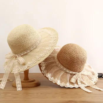 Шляпы с кружевным бантом в стиле Милой Лолиты, соломенная кепка с широкими полями, пляжная лента, женская Элегантная шляпа для занятий, Панама с однотонной бахромой, Летние Фетровые шляпы Изображение