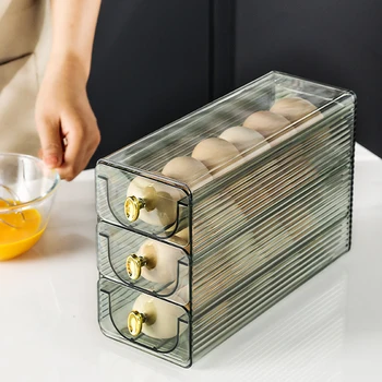 Ящик для хранения яиц Холодильник Автоматический Выдвижной Органайзер для яиц Держатель Стеллаж Кухонные Организации Холодильник Для хранения Яиц Органайзеры Изображение