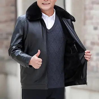 Мужская куртка из искусственной кожи, стильная мужская куртка из искусственной кожи, воротник с лацканами, ветрозащитное пальто с длинным рукавом, осенне-зимняя мода Изображение