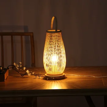 Винтажные бамбуковые светодиодные настольные лампы ручной работы, прикроватные тумбочки для спальни, Настольные светильники для гостиной, Теплая бамбуковая деревянная лампа Изображение