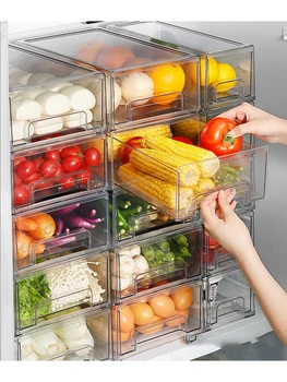 Овощной Холодильник Прозрачный Холодильный шкаф с морозильной камерой, Штабелируемый Кухонный Органайзер для хранения продуктов, Ящики для хранения фруктов и мяса Изображение