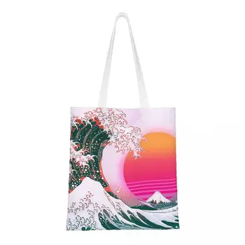 Отличная волна от Kanagawa Color Glitch Сумки для покупок Холст Сумка-тоут Складная сумка для покупок Сумка-тоут для девочек Дорожная сумка-тоут Изображение