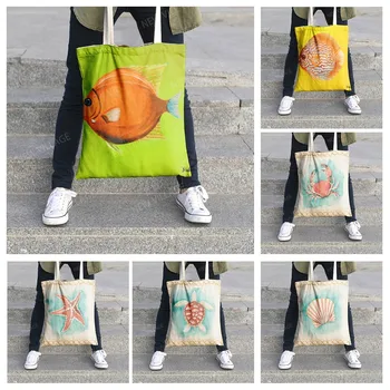 Холщовая сумка через плечо сумка для организации хранения косметики женская сумка для путешествий тканевая сумка для покупок в стиле подводного мира Изображение