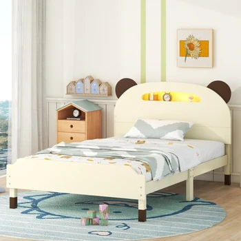 Прекрасная двуспальная кровать, деревянная платформа с изголовьем в форме медведя и ночниками с активацией движения, комфорт для детской спальни Изображение
