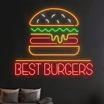Изготовленная на заказ неоновая светодиодная вывеска для гамбургеров Неоновые вывески для бургеров Фаст-фуд для кухни ресторана Декор стен магазина гамбургеров Логотип Ночник Изображение