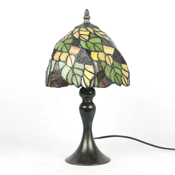 Настольная лампа LongHuiJing в стиле Тиффани с зеленым и желтым листьями, абажур из витражного стекла, настольные лампы Изображение