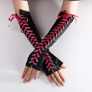 Европейские и американские атласные перчатки в стиле панк с лентой, перевязанные лентой, бальные перчатки в стиле панк для ночного клуба Изображение