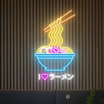 Неоновый Рамэн с надписью в виде сердца, японский Рамэн, неоновая подсветка, ночник ручной работы для ресторана, Декор стен для кухни, светодиодные светильники Изображение
