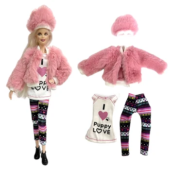 NK 4 Предмета/Комплект Модная Розовая Шуба + Милая Рубашка + Повседневные Брюки + Шляпа Современная Одежда для Куклы Барби Аксессуары Игрушки Изображение