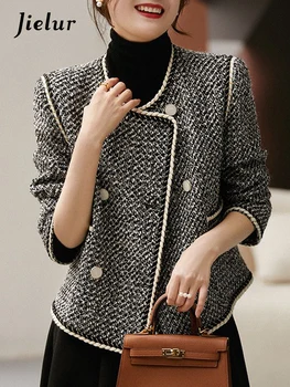 Jielur Французские Элегантные Шикарные женские куртки с карманами на пуговицах, модные простые повседневные двубортные женские куртки контрастного цвета Изображение