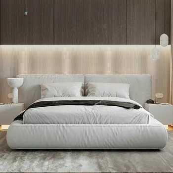 Спальный гарнитур в итальянском стиле, Супружеская двуспальная кровать для дома, спальня, квартира С большим изголовьем цвета слоновой кости, простота Изображение