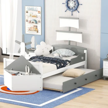 Кровать Twin Size, Простая кровать на платформе в форме лодки с выдвижным ящиком Twin size, Двуспальная кровать с местом для хранения, подходит для детских спален, серый Изображение