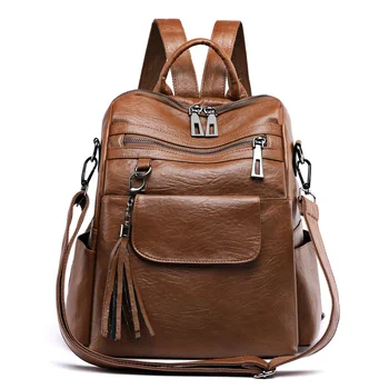 Винтажный женский рюкзак из искусственной кожи, повседневные сумки с кисточками, высококачественная женская сумка через плечо, школьные рюкзаки большой емкости для девочек Изображение