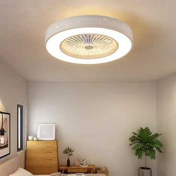 Современные потолочные вентиляторы с подсветкой из железа, окрашенного в белый цвет, акриловая светодиодная лампа для вентилятора с регулируемой яркостью, лампа для вентилятора в спальне, гостиной, дистанционное управление Изображение