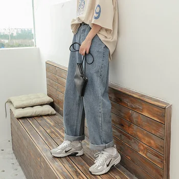 Шикарные джинсовые брюки с высокой талией, женские ретро Harajuku, широкие брюки с застежкой-молнией, джинсовые брюки длиной до колена, расклешенные брюки с пуш-апом, уличная одежда Изображение
