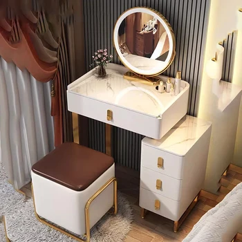 Современный комод для спальни, Винтажный Зеркальный шкаф со светодиодной подсветкой, Туалетный столик, Стул для макияжа, Консольная мебель Tocador Mueble LJ50DT Изображение