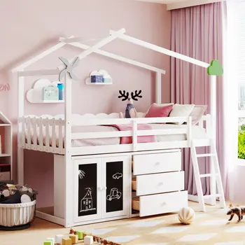 Белая домашняя кровать Twin Size с тумбочкой и выдвижными ящиками, легко монтируемая для внутренней мебели для спальни Изображение