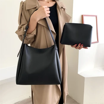 Женские сумки-тоут, 2 шт./компл., сумка для покупок большой емкости, однотонные женские сумки с широким ремешком из мягкой искусственной кожи Изображение