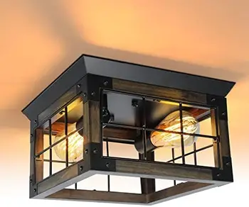 Потолочный светильник скрытого монтажа из дерева, черные металлические светильники в деревенском стиле, расположенные вплотную к потолку, с 4 гнездами E26 Blub, наружные светильники для крыльца Изображение