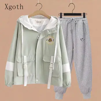 Студенческий весенне-осенний комплект Xgoth, женское корейское издание 2023 года, Модная одежда для девочек в академическом стиле с капюшоном, комплект из двух предметов/цельный Изображение