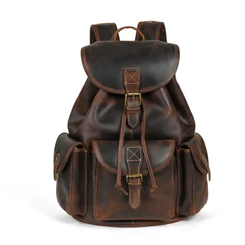 Мужской кожаный рюкзак Crazy Horse, 15,6-дюймовый рюкзак для ноутбука, мужские рюкзаки из натуральной кожи в стиле ретро для мальчиков и девочек, школьные ранцы Изображение
