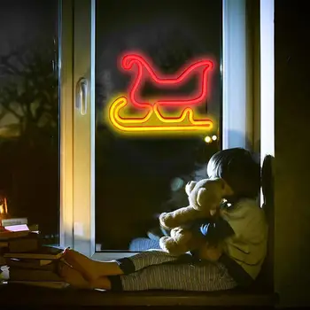 Светодиодная неоновая подсветка саней, неоновая вывеска, привлекающая внимание рождественская неоновая лампа на санках, декор рабочего стола с Usb / батарейным питанием и потрясающим визуальным оформлением Изображение