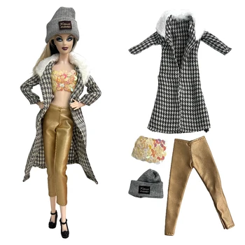 NK 1 Комплект Одежды принцессы, Благородное Черное клетчатое длинное пальто, жилет с блестками, Модные Золотые брюки + Шляпа для куклы Барби, Аксессуары, Подарочная игрушка Изображение