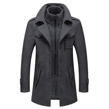 Новые мужские шерстяные пальто Осень-зима, однотонное мужское шерстяное пальто с двойным воротником, повседневный тренч, мужской Изображение