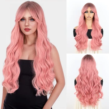 Черные смешанные Розовые длинные синтетические волнистые парики для женщин из термостойкого красочного волокна для косплея в стиле Лолиты Изображение