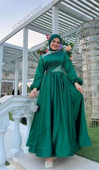 Зеленый Атласный Расшитый бисером Мусульманский Хиджаб с длинным рукавом, Вечерние платья, Исламское вечернее платье, Женский Арабский Кафтан, Халат для званого вечера Изображение
