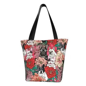 Милая сумка для покупок с цветами французского Бульдога, Многоразовая сумка для покупок для любителей французских собак, Холщовая сумка для покупок через плечо Изображение