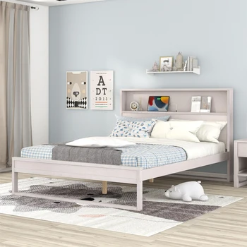 Белая кровать-платформа с розетками и USB-портами, изголовье для хранения вещей -Мебель для спальни размера 