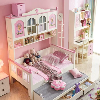 Шкаф-кровать для детей встроенный шкаф-купе из массива дерева, кровать для девочек, кровать принцессы, многофункциональная комбинация для хранения, односпальная кровать cabi Изображение