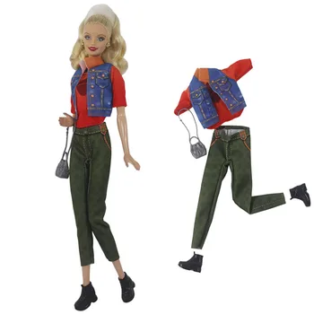 Модный красно-синий комплект одежды для куклы Барби, футболка, длинные брюки, брюки, обувь, сумочка, наряды для кукол 1/6, аксессуары, игрушки Изображение