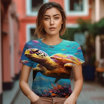 Летняя уличная мода 2023, женская футболка оверсайз, футболки с 3D принтом черепахи на Гавайях, футболка для пляжной вечеринки Изображение