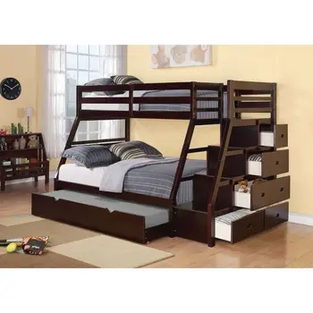 Двуспальная кровать, двуспальная кровать, трехместная кровать, выдвижная, с выдвижным ящиком для хранения вещей на лестнице, место для хранения вещей большой емкости, детская кровать, кровать для подростков Изображение