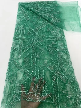 Расшитая бисером Белая кружевная ткань для свадебного платья, высококачественная Нигерийская тюлевая сетка, материал 2023 Хрустальные бусины ручной работы Изображение