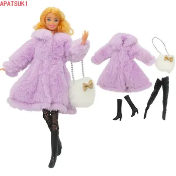 Фиолетовое длинное пальто из искусственного меха, комплект одежды для куклы Барби, модные наряды, Носки, Ботинки, сумка для обуви 1/6, Аксессуары для кукол, Детские игрушки Изображение
