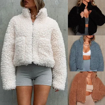 Куртки FANTIGO для женщин, осенне-зимняя одежда, утепленные теплые женские укороченные пальто 2023, верхняя одежда из овечьей шерсти с длинными рукавами, кардиган Изображение