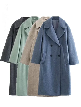 Женское зимнее серое пальто из плотной искусственной шерсти 2023 года с пуговицами, свободным карманом с длинным рукавом, женское элегантное пальто, зимнее пальто Изображение