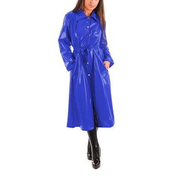 Женская однобортная куртка из ПВХ, искусственная кожа, однобортные пальто с длинными рукавами, отложной воротник, тренч Миди с поясом, High Street Изображение