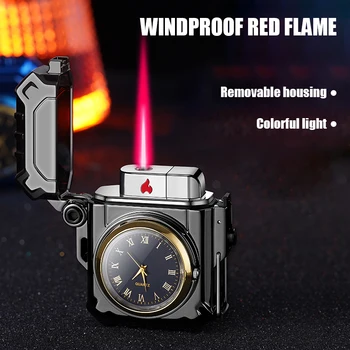 Креативные Ветрозащитные цветные часы с подсветкой, надувная зажигалка с одним красным пламенем, двойным синим пламенем, Съемная регулировка размера пламени в корпусе Изображение