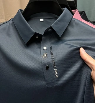 Высококачественная дышащая футболка из ледяного шелка с коротким рукавом, мужская летняя модная брендовая повседневная деловая рубашка поло с вышивкой Изображение
