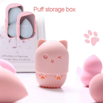 Розовый милый кот, Мягкая силиконовая коробка для косметических спонжей, держатель для яиц красоты, Портативный держатель для пудры, губки для сушки макияжа. Изображение