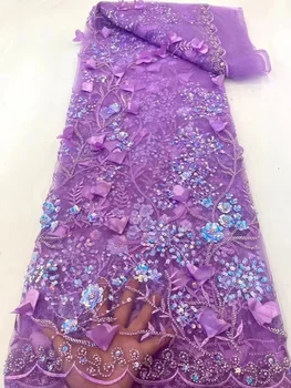 Африканская кружевная ткань Высококачественная кружевная ткань для пошива одежды Нигерийские кружева с бисером и пайетками Ткань 5 ярдов чистого 3D цветочного кружева Изображение