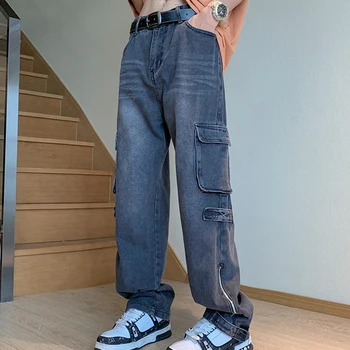 Мужские джинсы American Denim в стиле ретро, нишевый дизайн, прямые брюки с разрезом на молнии, дизайн спецодежды, модные джинсы Изображение